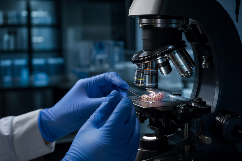 Medical Gloved Hands Examining Specimen Under Microscope-1-1
